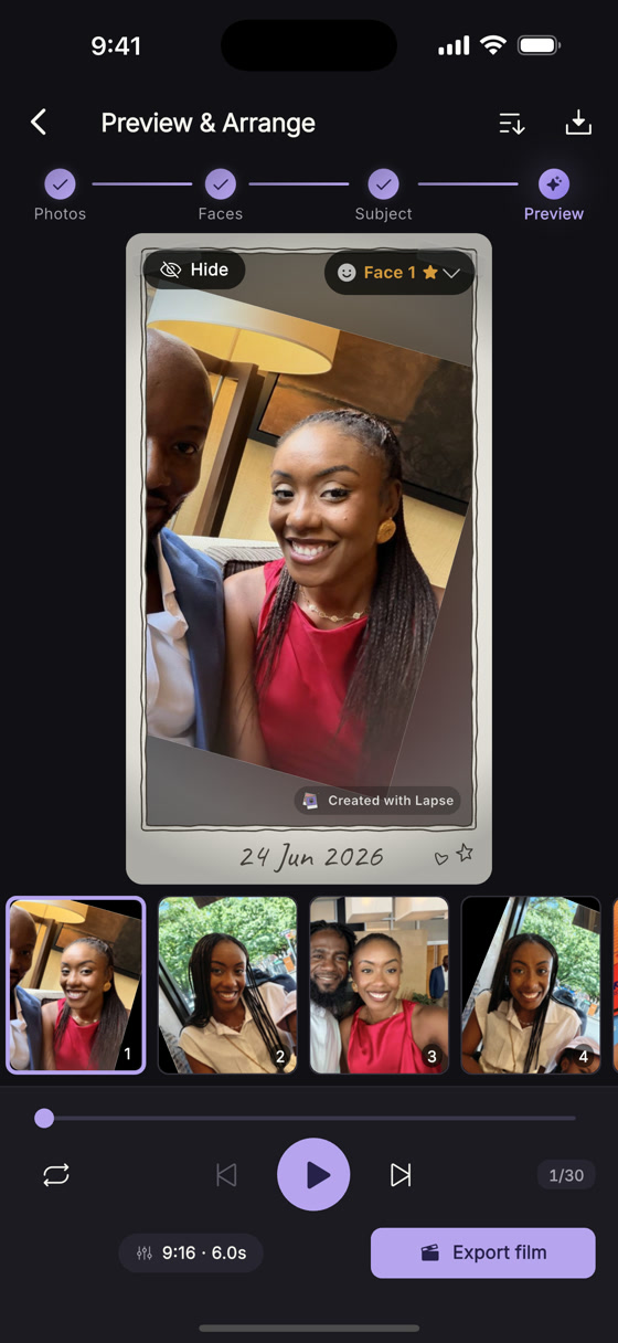 The current Lapse preview screen: a face-focused film with an editable photo timeline and export controls